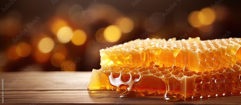Poster organic raw honeycombs on wooden board honeycomb with honey in the bazaar. copy space available