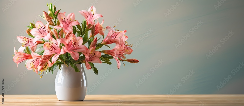 Poster In the room there is a vase displaying vibrant alstroemeria flowers on a table with ample space around for a copy space image
