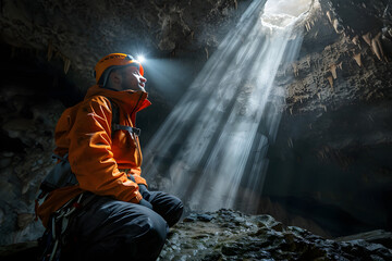 Adventurous man exploring cave illuminated by shaft of sunlight