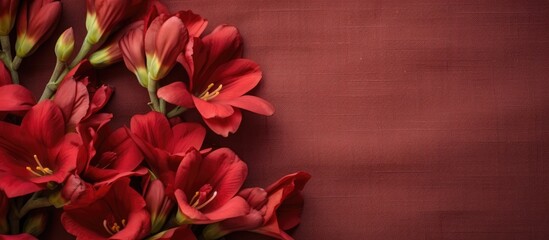Copy space image of maroon crimson red freesia flowers on a linen toned background