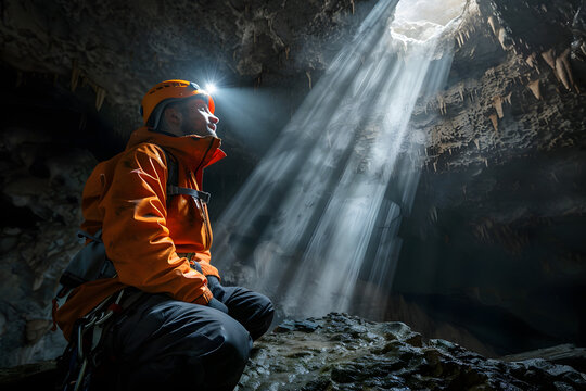 Adventurous man exploring cave illuminated by shaft of sunlight - Powered by Adobe