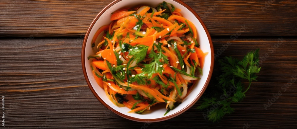 Poster top view of a bowl filled with a korean pickled carrots salad placed on a wooden background with cop