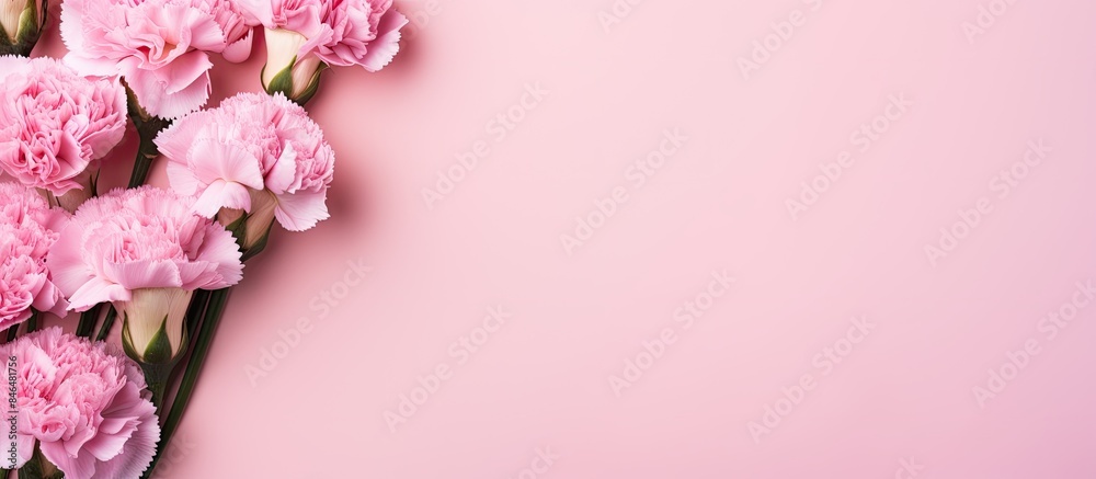Poster close up of beautiful tender baby pink carnations on a bright pink background perfect for a mother s