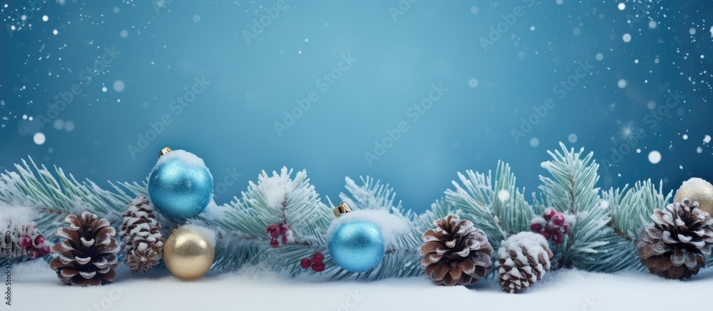 Poster The blue wooden background is adorned with a fur tree branch cones Christmas balls and a snowy appearance creating a Christmas decorative background There is a copy space image available