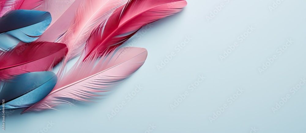 Poster flat lay with copy space image featuring stunning blue and pink bird feathers set against a pastel b