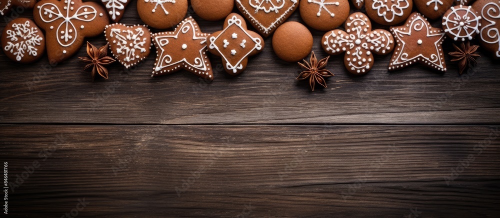 Poster festive background with gingerbread cookies arranged in an oval on a wooden board. copy space availa