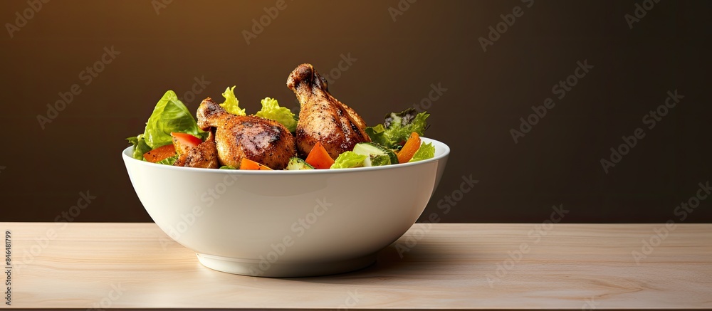 Aufkleber spiced chicken drumstick with salad and turmeric served in a white bowl perfect for a copy space ima