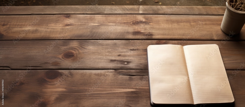 Aufkleber Copy space image of a notebook resting on a rustic wooden table