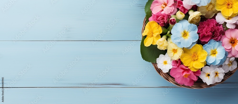 Aufkleber Top view of a wicker basket filled with lovely primula primrose flowers resting on a light blue wooden table The arrangement offers ample copy space for text creating a perfect display for the vibran