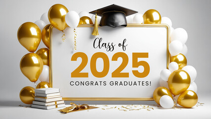 Graduation greeting template design. Graduate text, congratulations graduated class of 2025 on chalkboard with 3d graduation cap, balloons and gold confetti.