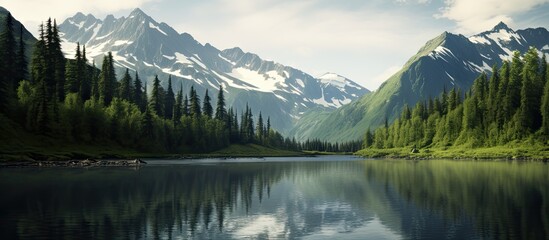 In Alaska there is a picturesque lake nestled amidst majestic mountains and dense forests offering a serene copy space image