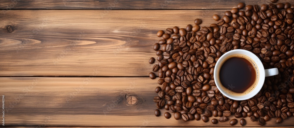Poster top view copy space image of a wooden background with a coffee cup and coffee beans
