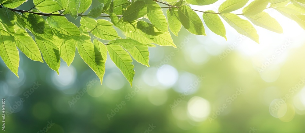 Poster the leaves are blurred by sunlight against a green background creating a copy space image