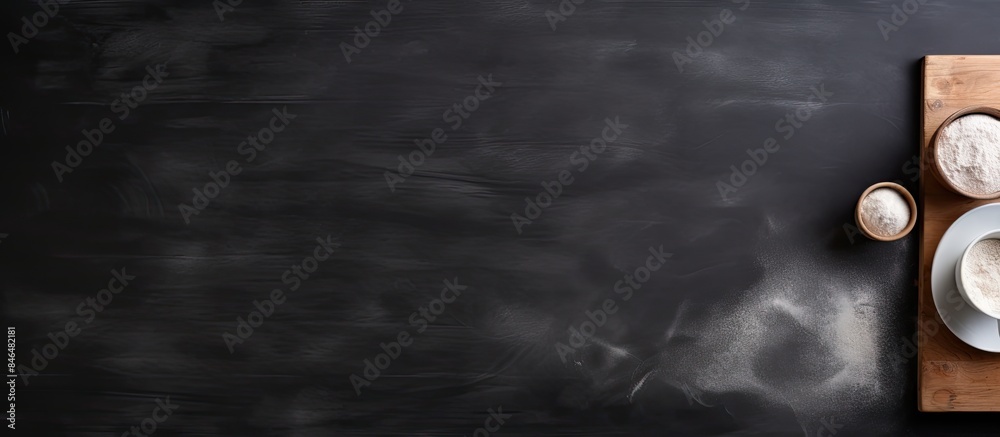 Poster Top view of a black ceramic table with a rolling pin and starch providing a copy space image for text on the side