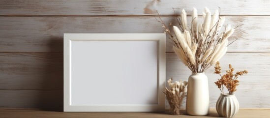 Obraz premium Photo frame mockup space copy background with dried flowers bouquet home decoration on wooden background
