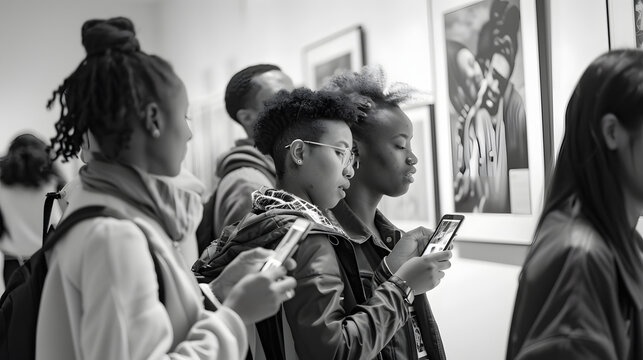 Group of multi-ethnic visitors using smartphones to scan QR code for information about black and white photos at art exhibition in museum
