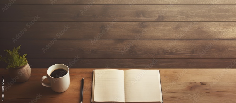 Poster toned wooden office desk with essential supplies such as a notepad pen and pencil it also provides a