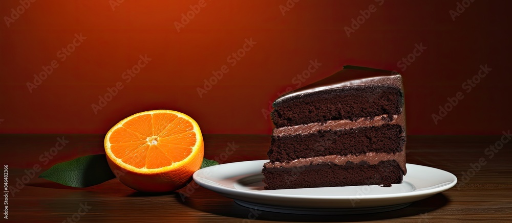 Poster there is a copy space image of a piece of chocolate cake and an orange on a plate against a table ba
