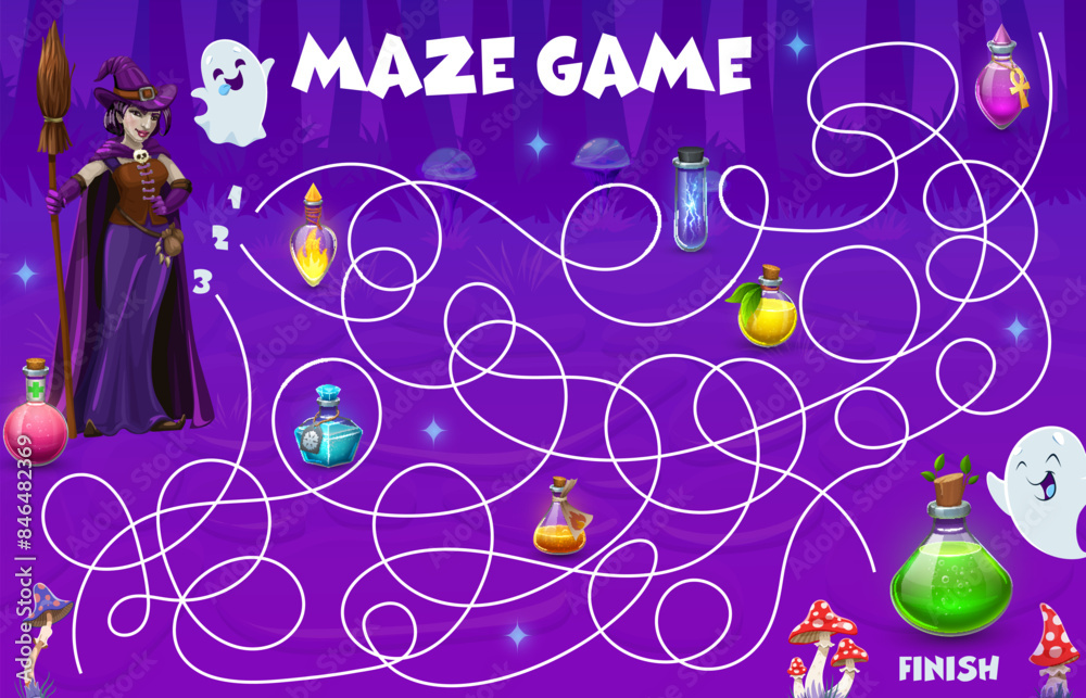 Poster halloween labyrinth maze, help to witch find magic potion bottle, vector game worksheet. kids cartoo
