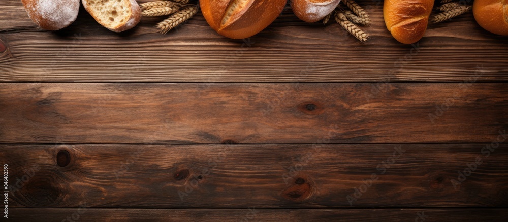 Aufkleber Top down view of a wooden table adorned with freshly baked bread Ample copy space is available for your text