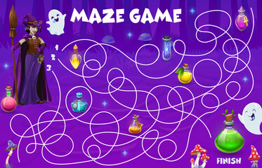 Fototapeta premium Halloween labyrinth maze, help to witch find magic potion bottle, vector game worksheet. Kids cartoon puzzle to help to witch find way to magic elixir potion bottles in forest labyrinth maze