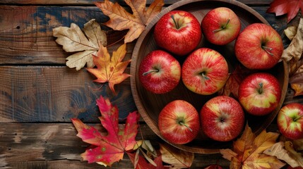 Plate with apples and fall foliage on a wooden surface