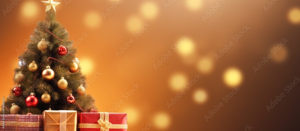 Poster decorative christmas tree with gift box and ornaments on a colorful background copy space image