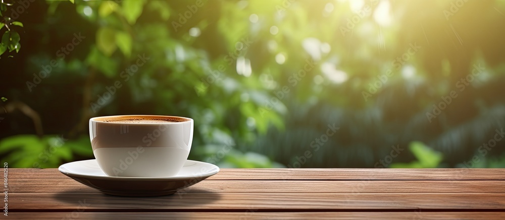 Poster coffee cup placed on the wooden surface with a blurred background providing ample space for showcasi