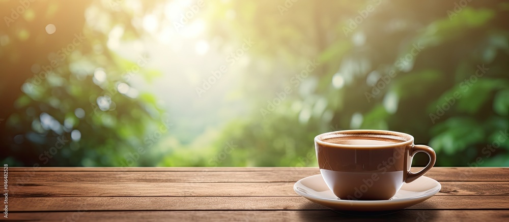 Aufkleber coffee cup placed on the wooden surface with a blurred background providing ample space for showcasi