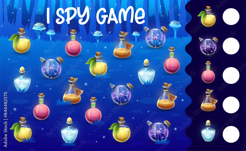 Aufkleber halloween kids i spy game with witch magic potion bottles on fairy forest meadow. math puzzle vector