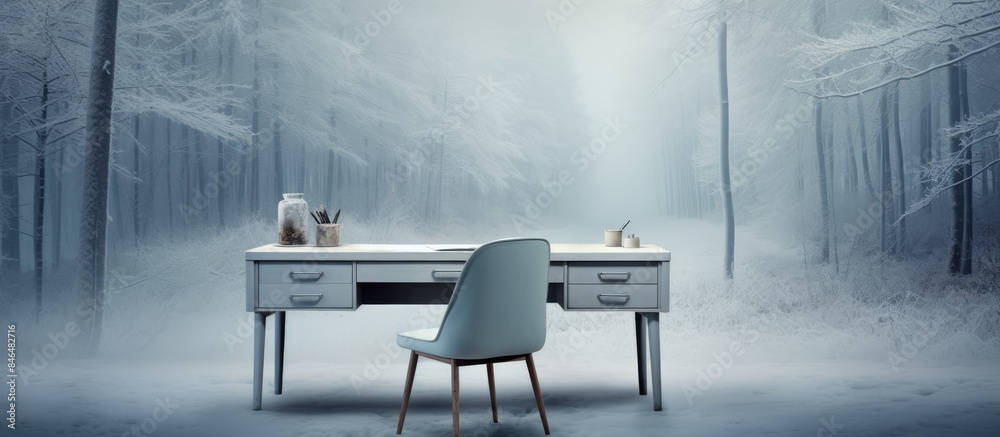 Poster winter forest landscape with a desk showcasing an incredible and serene natural background perfect f