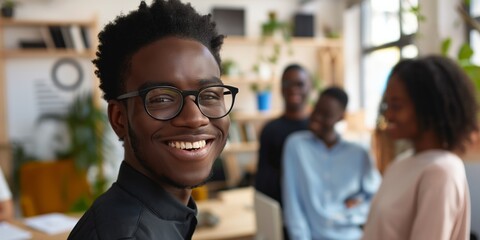 Smiling team in contemporary office, fostering cooperation and creativity, embodies success and professionalism in business