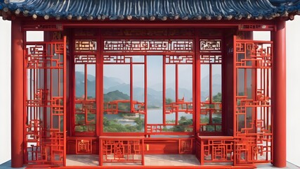 Gartenposter Generative AI. Embrace the allure of the East as you gaze through this exquisite window adorned with intricate Oriental-style decorations. Let the delicate beauty of Chinese-inspired motifs transport