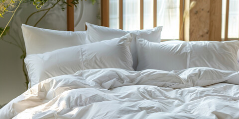A cozy white bedding set with fluffy pillows invites comfortable rest in a modern bedroom
