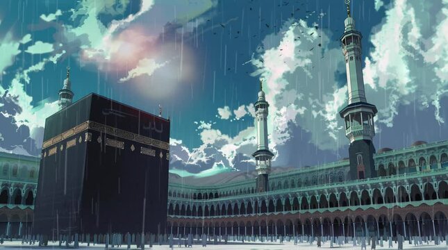 illustration of the Kaaba in Mecca during the Hajj season. seamless animation video. anime or cartoon style