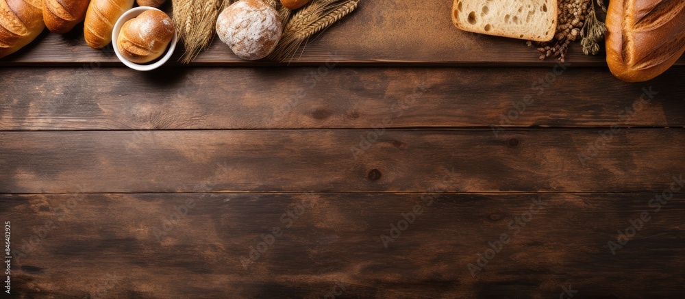 Poster top down view of a wooden table adorned with freshly baked bread ample copy space is available for y