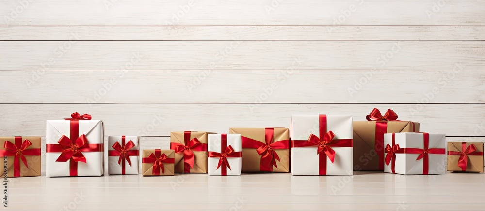 Poster On a white wooden background there is a visually pleasing arrangement of craft boxes They have been expertly tied with vibrant red ribbons and there is plenty of empty space for additional elements i