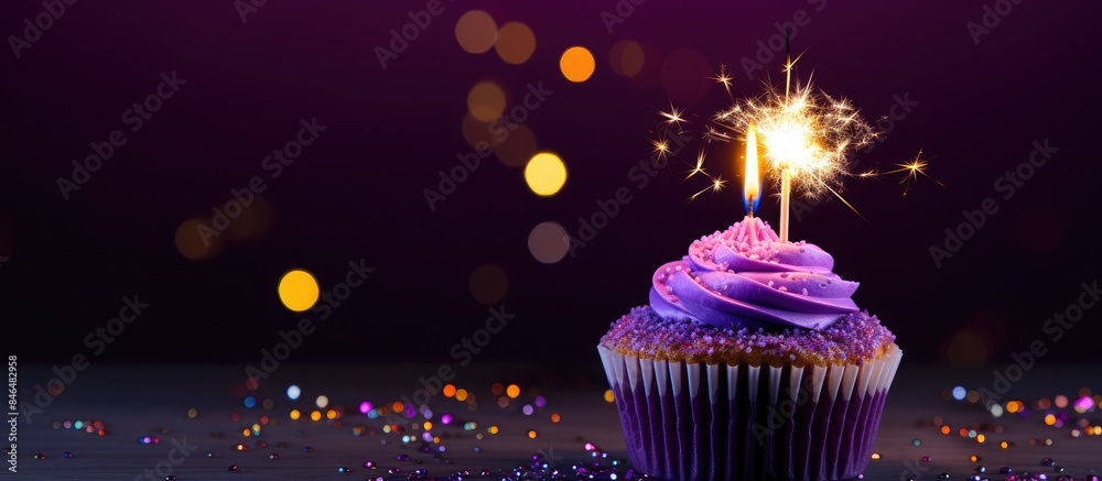 Poster vibrant violet background sets the stage for a birthday cupcake adorned with a burning candle confet