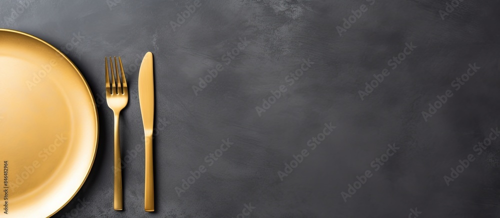 Aufkleber grey background with copy space image featuring a flat lay arrangement of a pink plate and gold cutl