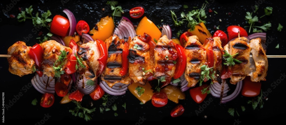 Poster Top down copy space image of grilled chicken skewers vegetables and sauce on a black background perfect for including text