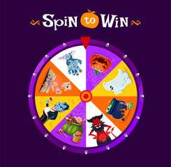 Halloween holiday spin roulette, fortune wheel with festive prizes, offering a spooky, fun way to win treats. Vector Zombie hand, ghosts, pumpkin and devil, witch cauldron, vampire and sweets sectors