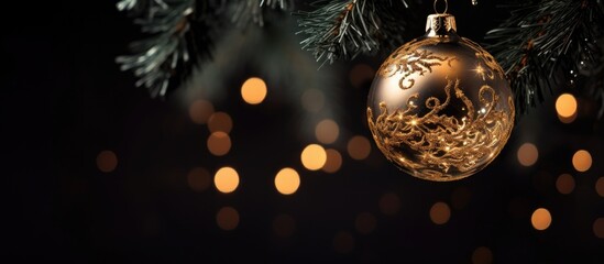 Christmas tree with a bauble hanging creating a beautiful decor concept The bauble is illuminated by sparkling lights against a dark black background Close up macro detail Copy space image