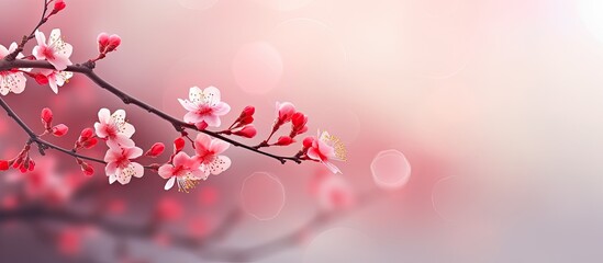 Fototapeta premium Pink red beautiful spring flower bloom branch background with free copy space for greeting card or environment cover page template web banner and header
