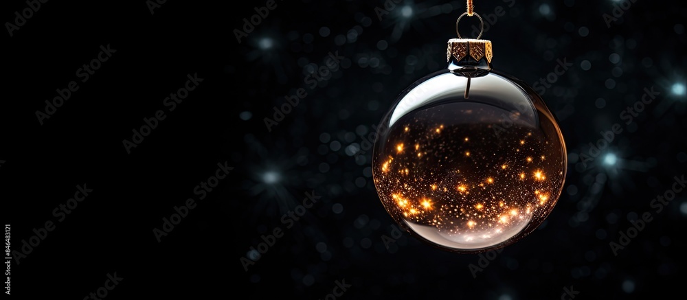 Poster Christmas tree with a bauble hanging creating a beautiful decor concept The bauble is illuminated by sparkling lights against a dark black background Close up macro detail Copy space image