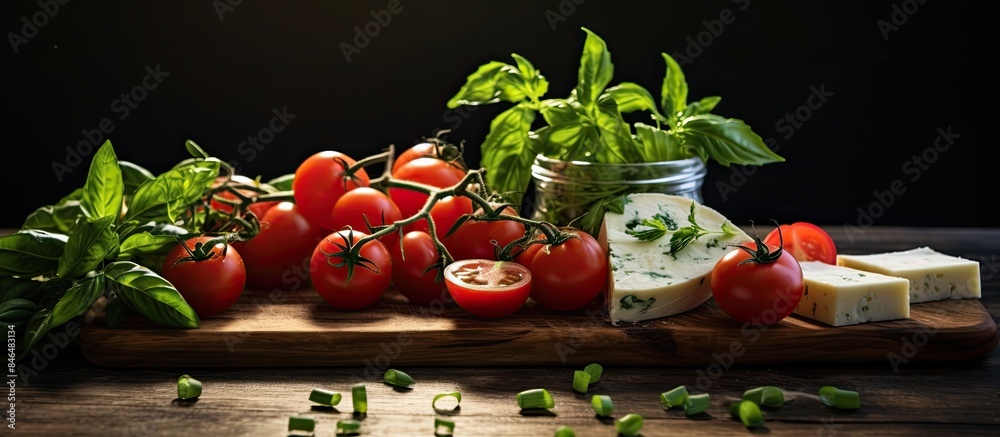 Poster the ingredients for a delicious salad cheese tomatoes cucumbers and basil are beautifully arranged o