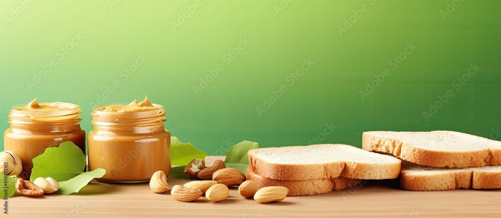 Poster copy space image of delicious hazelnut butter and toasts arranged beautifully on a vibrant colored b