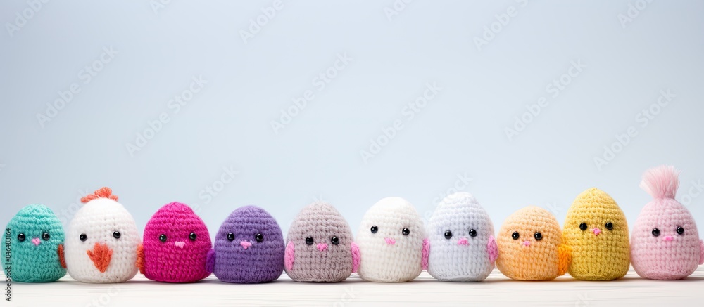 Poster colorful eggs in a row decorate the easter background featuring an adorable amigurumi toy bunny the 