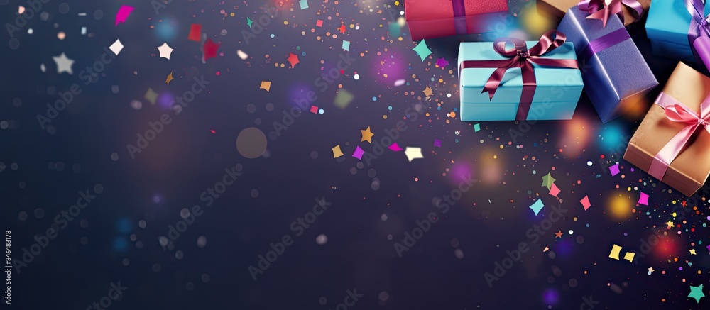 Poster top view of colored background with gifts confetti and party accessories ideal for copy space image