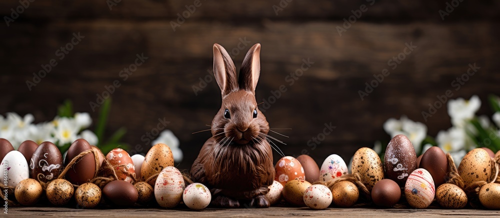 Wall mural Copy space image featuring Easter chocolate bunny and eggs beautifully arranged on a rustic wooden background