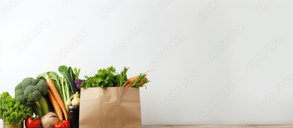 Aufkleber organic vegetables and greens packaged in a paper bag of groceries are placed on a clean white table